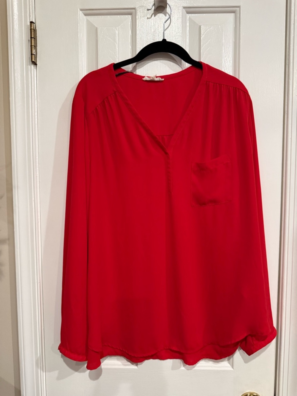PLEIONE Red Long Sleeve V-Neck Blouse Shirt Top Solid Career sz XL